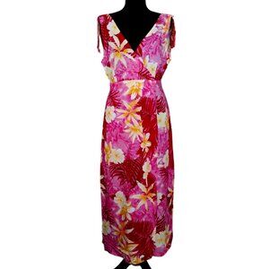 Maxi Dress By SPA Y2K Tropical Hawaiian Floral Luau Beachy Faux Wrap Ruched LG